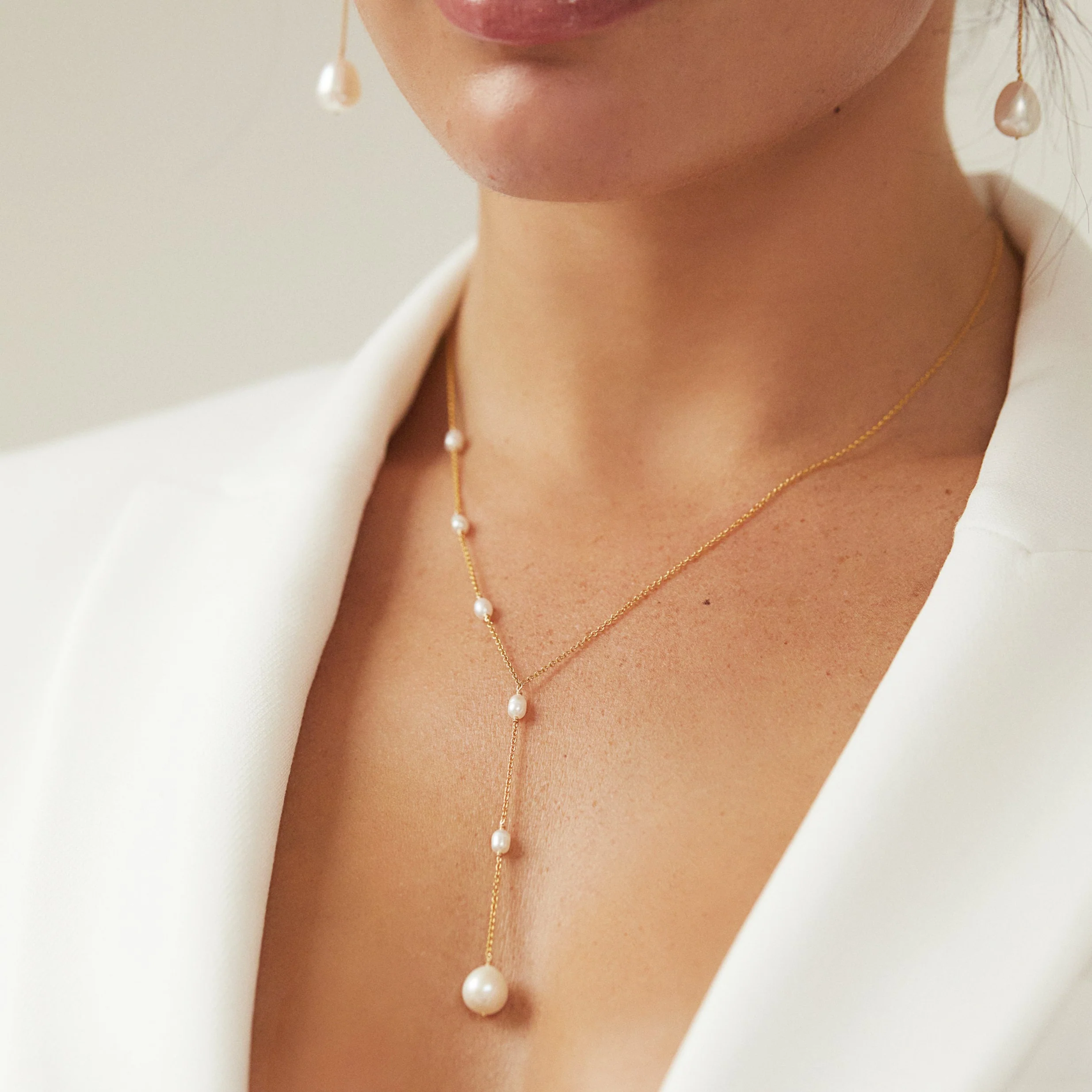 Rose Gold Seed Pearl Lariat Necklace - Image 3