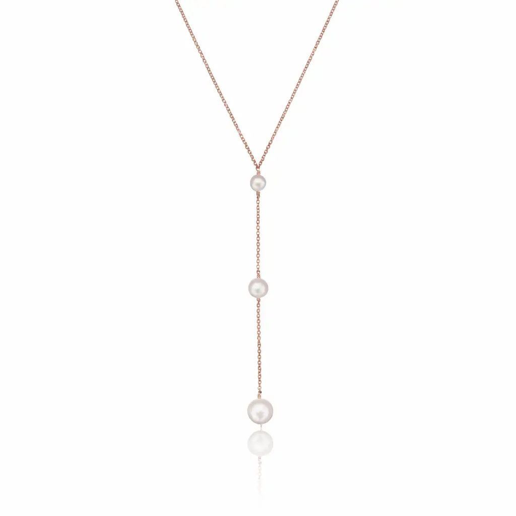 Rose Gold Three Graduated Pearl Drop Lariat Necklace