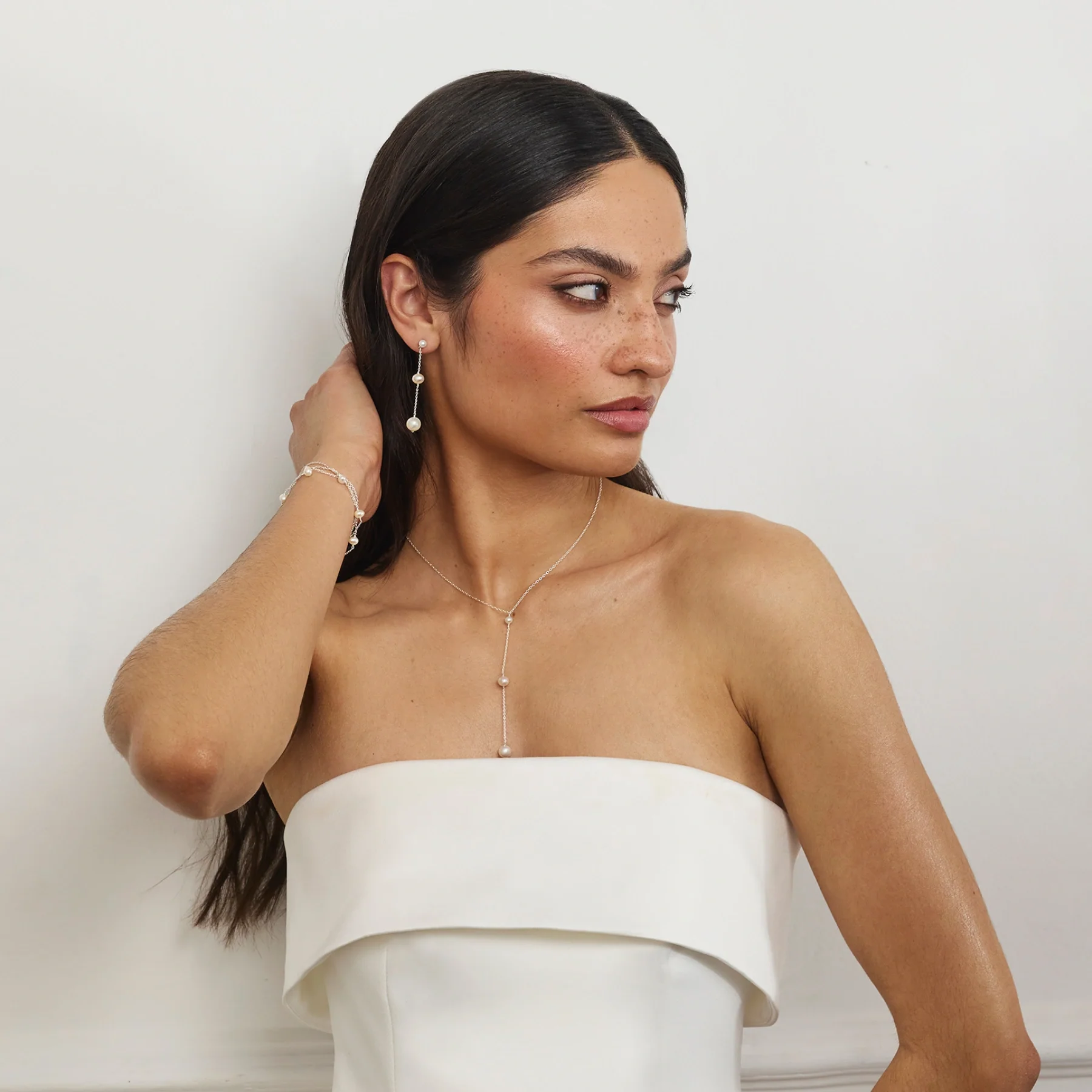 Rose Gold Three Graduated Pearl Drop Lariat Necklace - Image 3