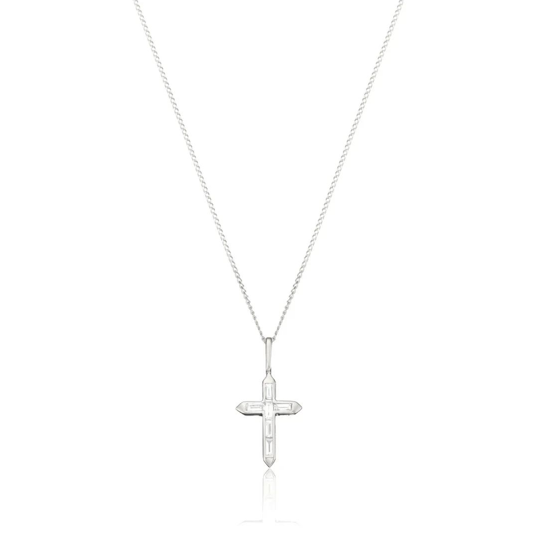 Solid White Gold Baguette Genuine Diamond Tiny Cross Necklace