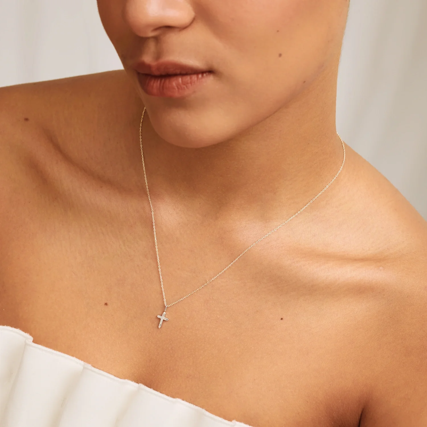 Solid White Gold Baguette Genuine Diamond Tiny Cross Necklace - Image 3