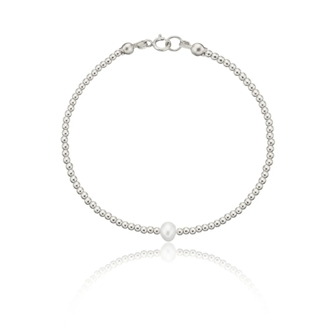 Silver Beaded Single Pearl Bracelet