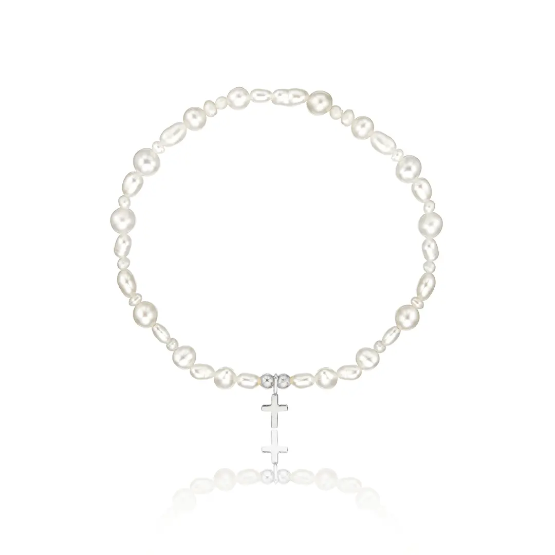 Silver Children's Pearl Tiny Cross Bracelet