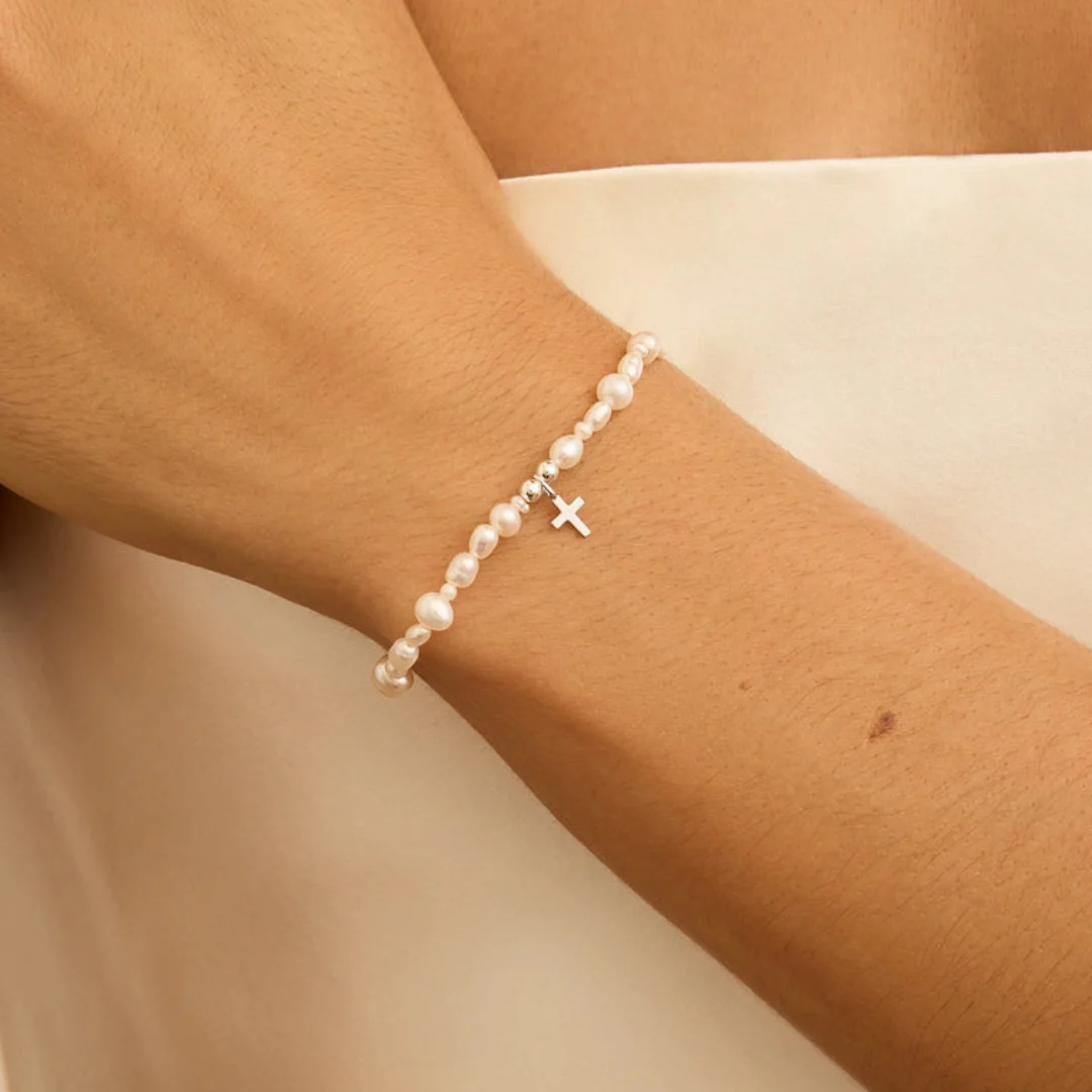 Silver Children's Pearl Tiny Cross Bracelet - Image 2
