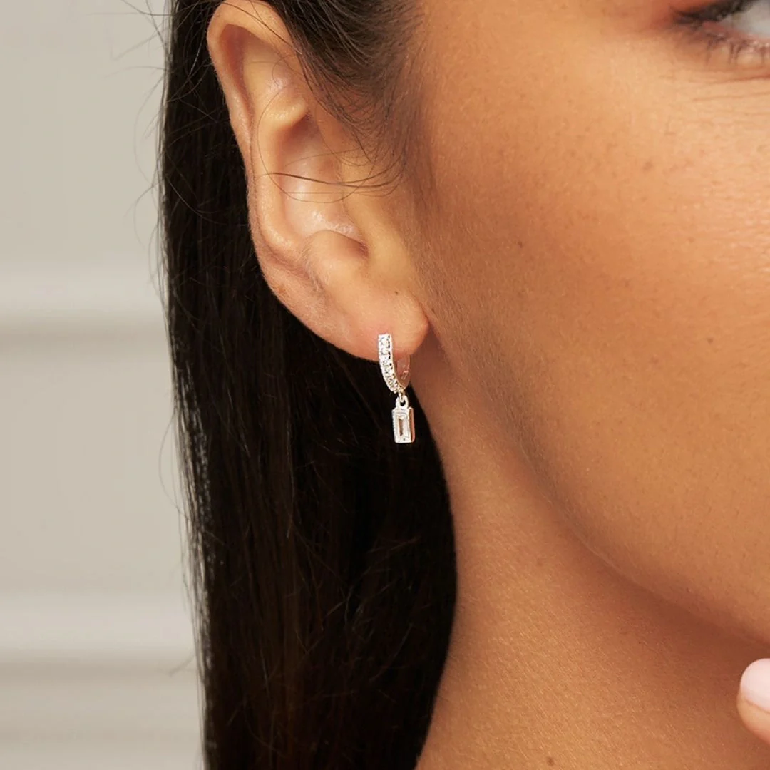 Silver Diamond Style Baguette Drop Huggie Hoop Earrings - Image 2