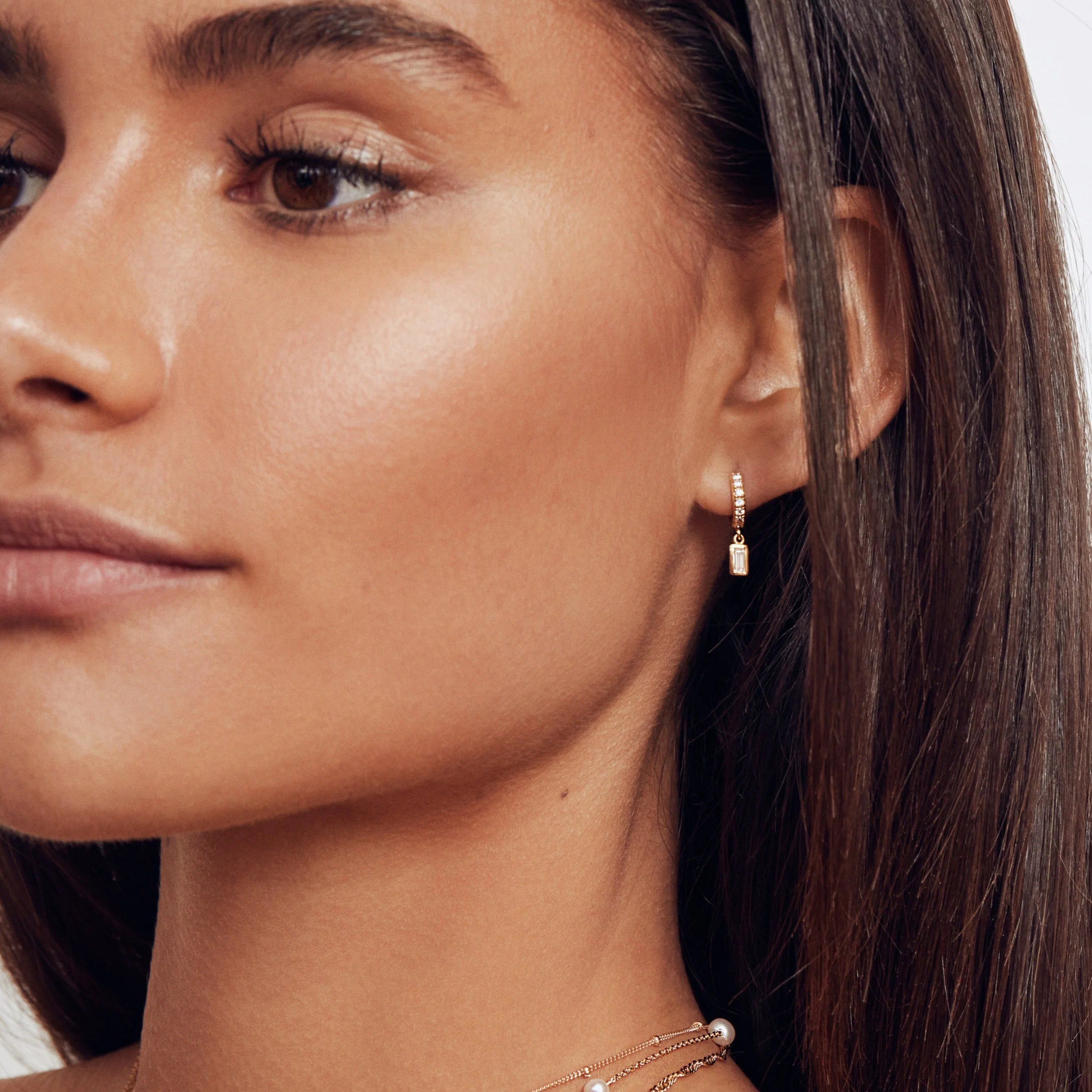 Silver Diamond Style Baguette Drop Huggie Hoop Earrings - Image 3