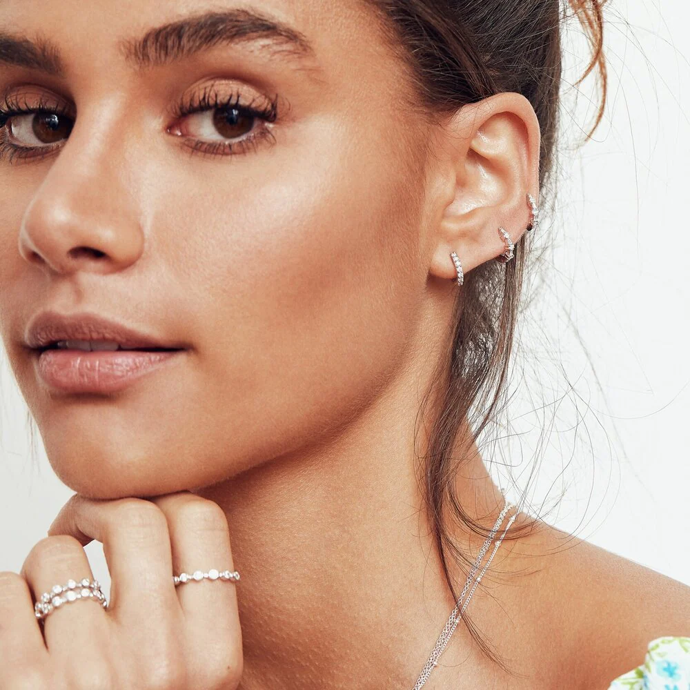 Silver Diamond Style Baguette Huggie Hoop Earrings - Image 2