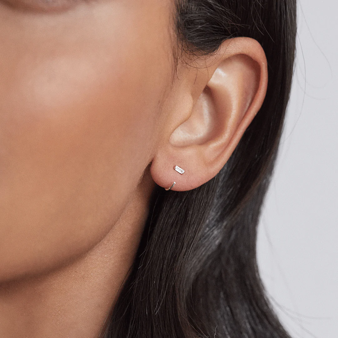 Silver Diamond Style Baguette Lobe Hoop Earrings - Image 3