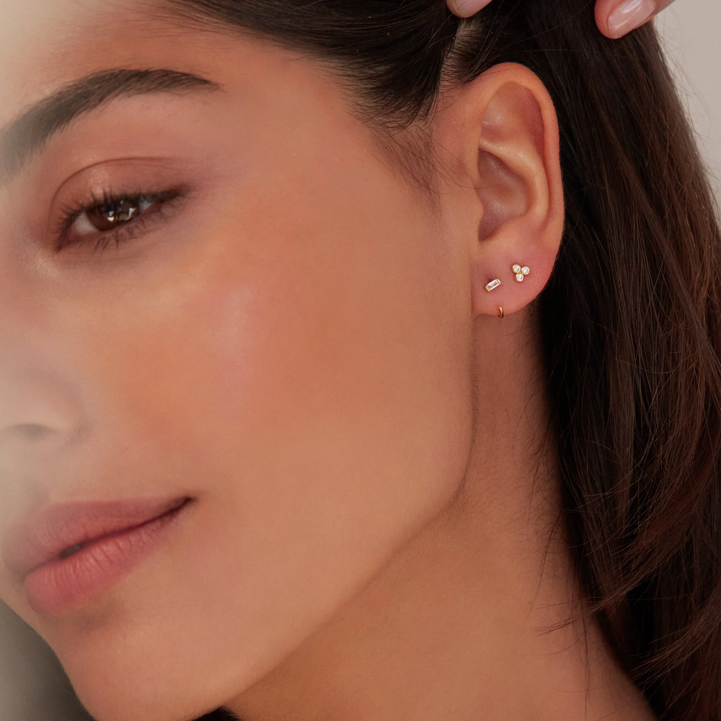 Silver Diamond Style Baguette Lobe Hoop Earrings - Image 4