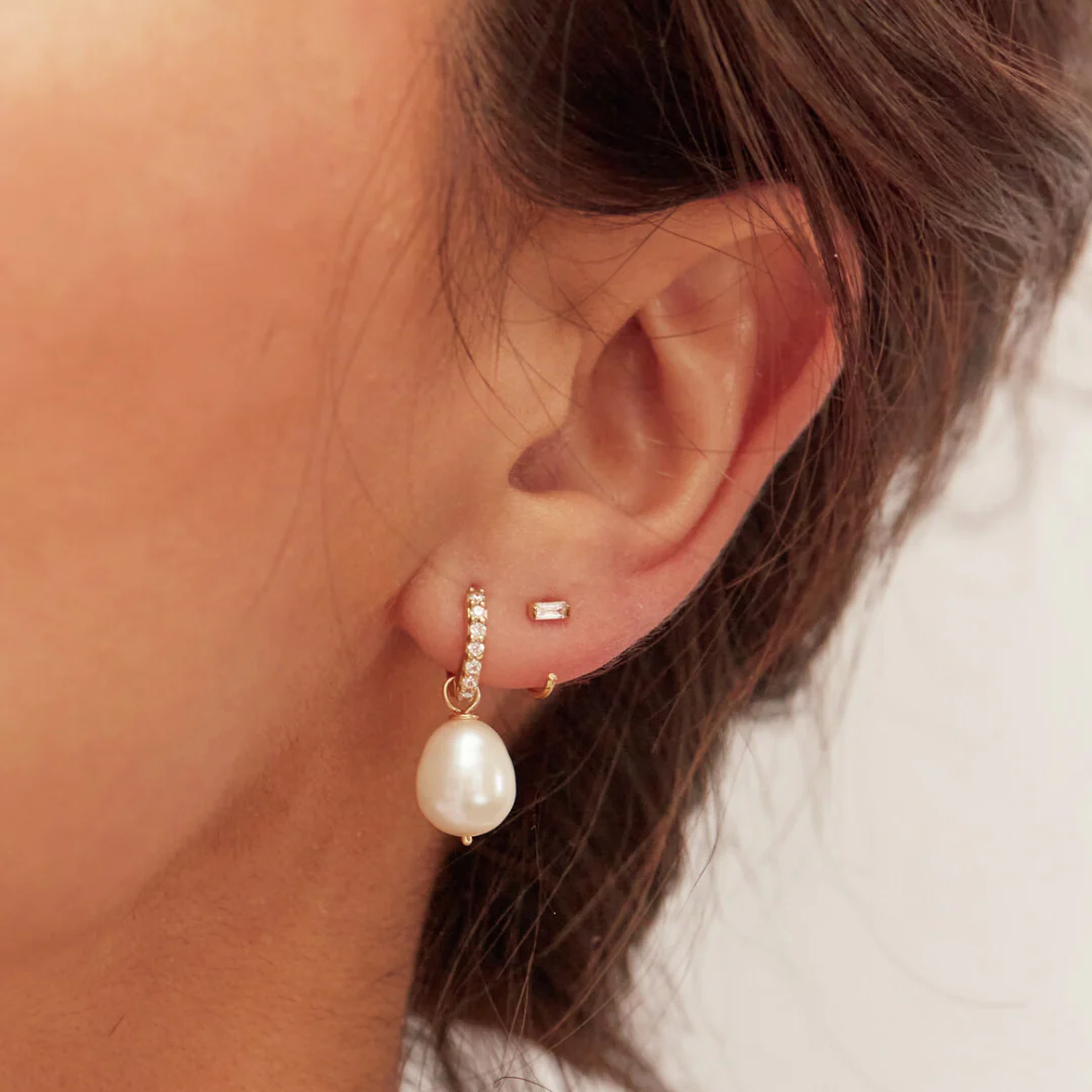 Silver Diamond Style Baguette Lobe Hoop Earrings - Image 5