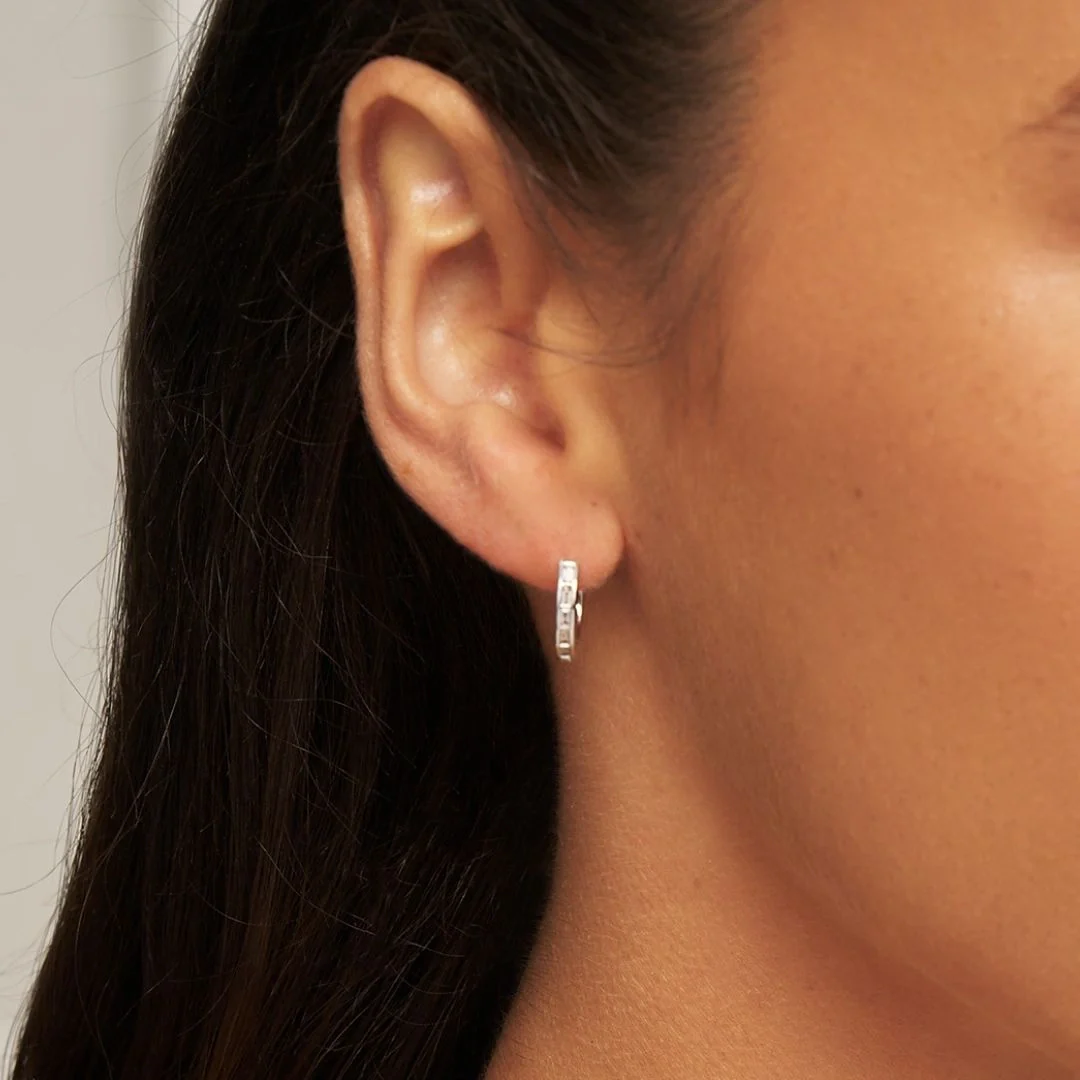 Silver Diamond Style Baguette Medium Hoop Earrings - Image 2