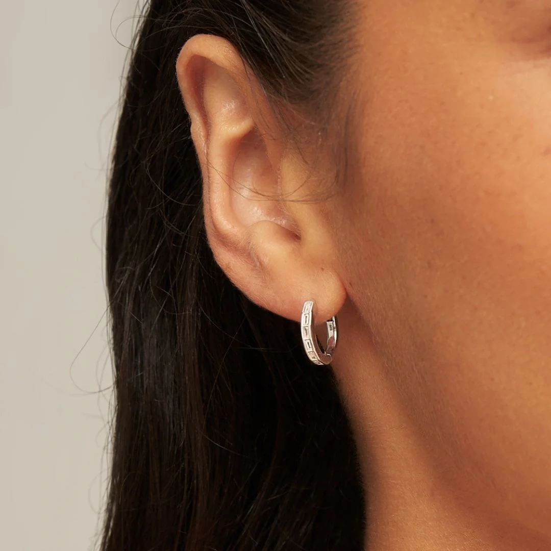 Silver Diamond Style Baguette Medium Hoop Earrings - Image 4