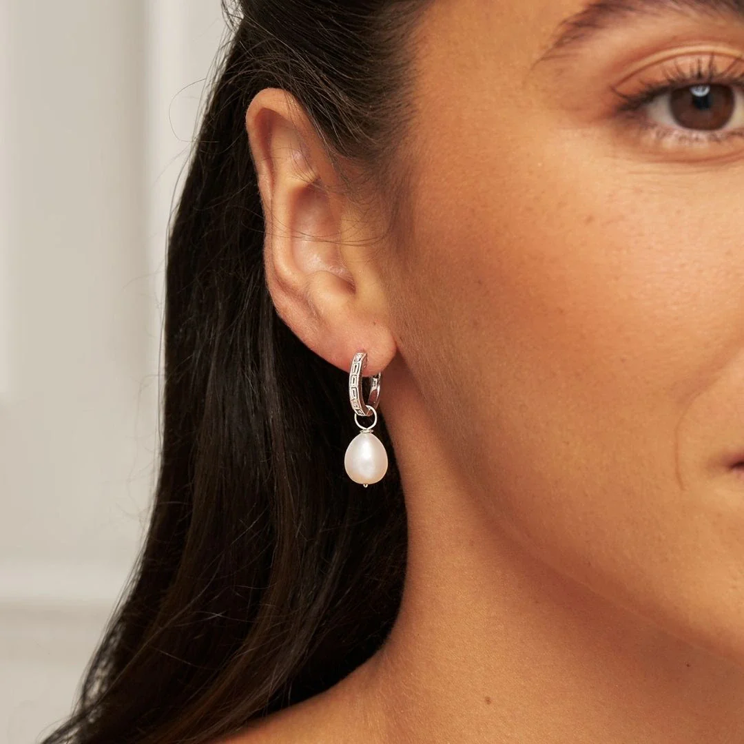 Silver Diamond Style Baguette Pearl Drop Hoop Earrings - Image 2