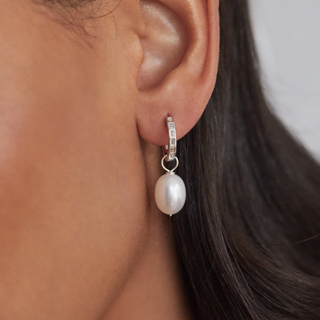 Silver Diamond Style Baguette Pearl Drop Hoop Earrings - Image 3