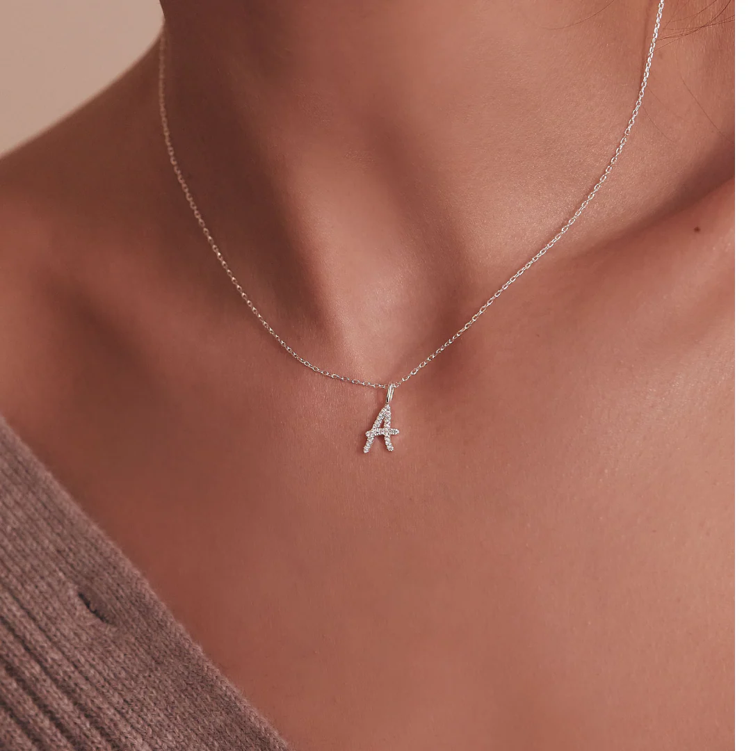 Silver Diamond Style Curve Initial Letter Necklace - Image 2