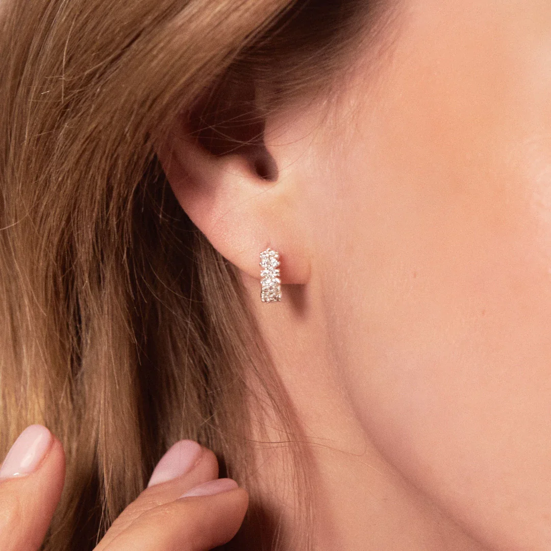 Silver Diamond Style Double Cluster Huggie Hoop Earrings - Image 5