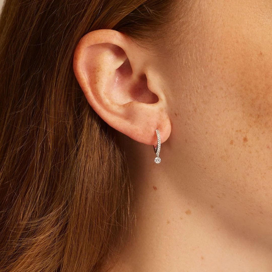 Silver Diamond Style Drop Hoop Earrings - Image 2