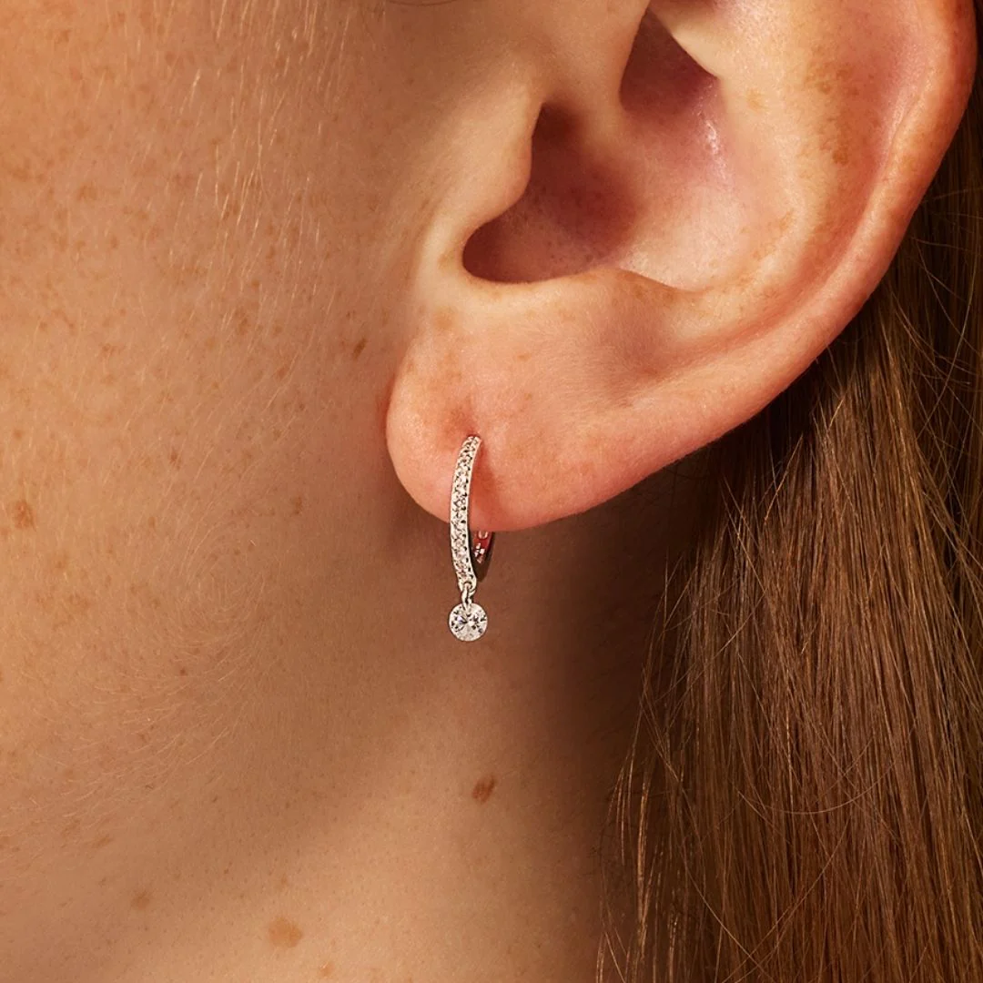 Silver Diamond Style Drop Hoop Earrings - Image 3
