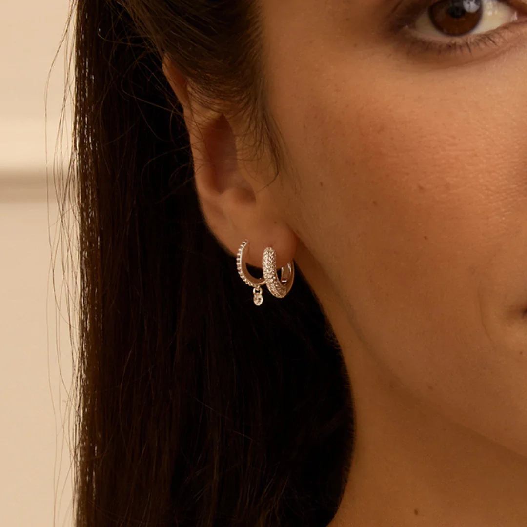 Silver Diamond Style Drop Hoop Earrings - Image 5