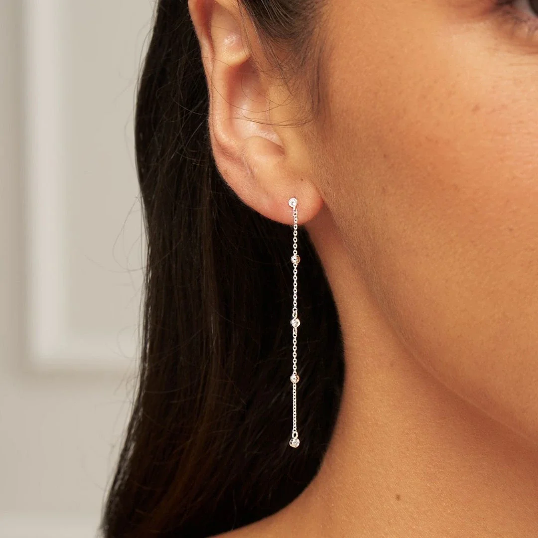 Silver Diamond Style Drop Satellite Stud Earrings - Image 2