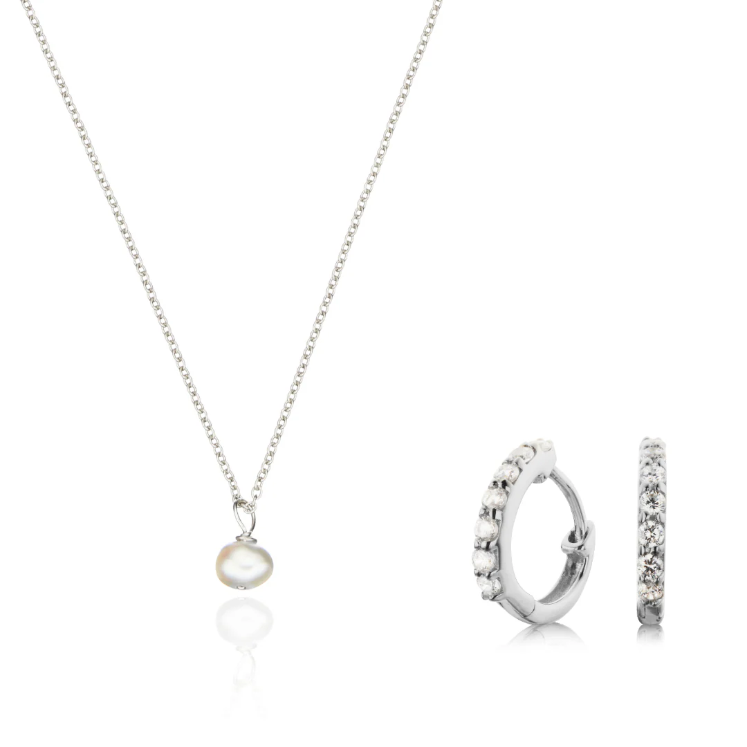 Silver Diamond Style Huggies and Single Pearl Necklace Gift Set