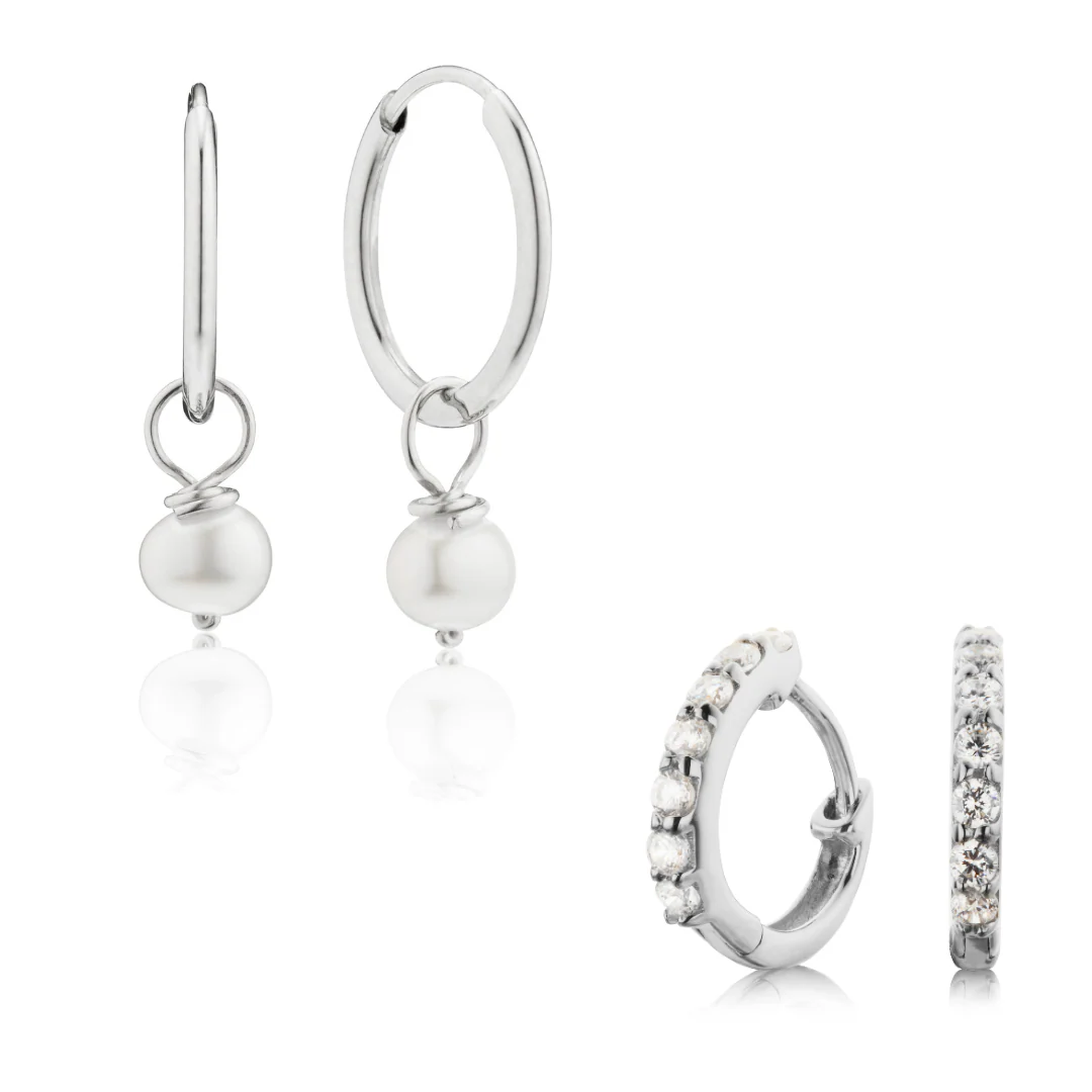 Silver Diamond Style Huggies and Small Pearl Drop Hoop Earrings Gift Set