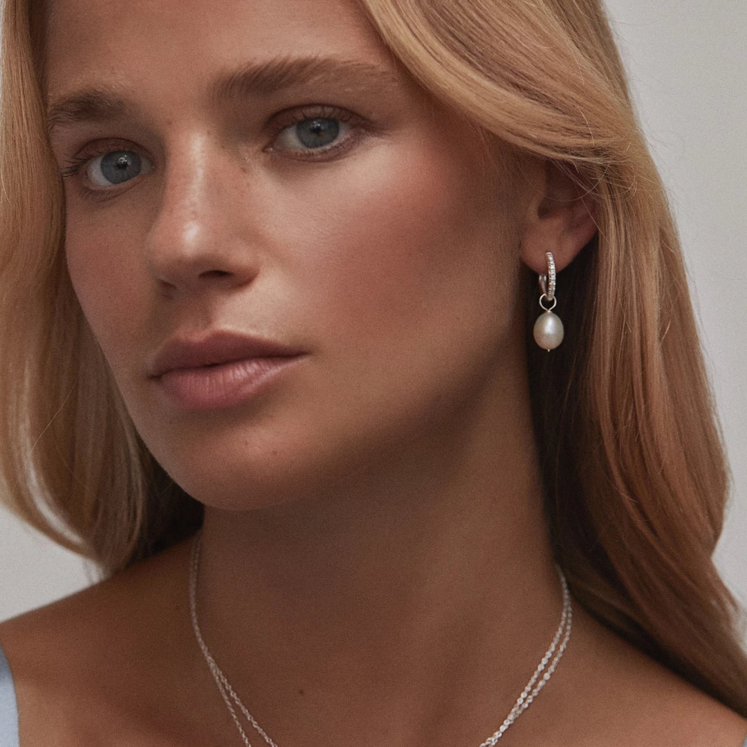 Silver Diamond Style Large Pearl Drop Hoop Earrings - Image 12