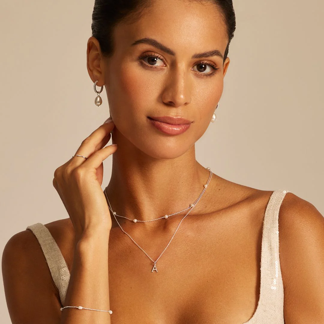 Silver Diamond Style Large Pearl Drop Hoop Earrings - Image 4
