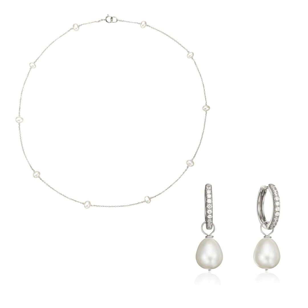 Silver Diamond Style Large Pearl Hoops and Ten Pearl Choker Gift Set
