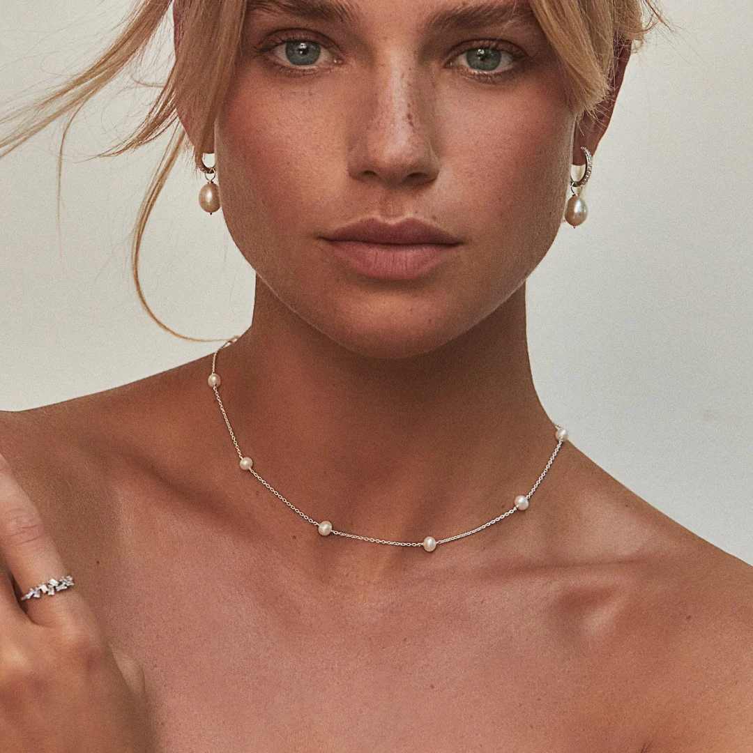Silver Diamond Style Large Pearl Hoops and Ten Pearl Choker Gift Set - Image 2