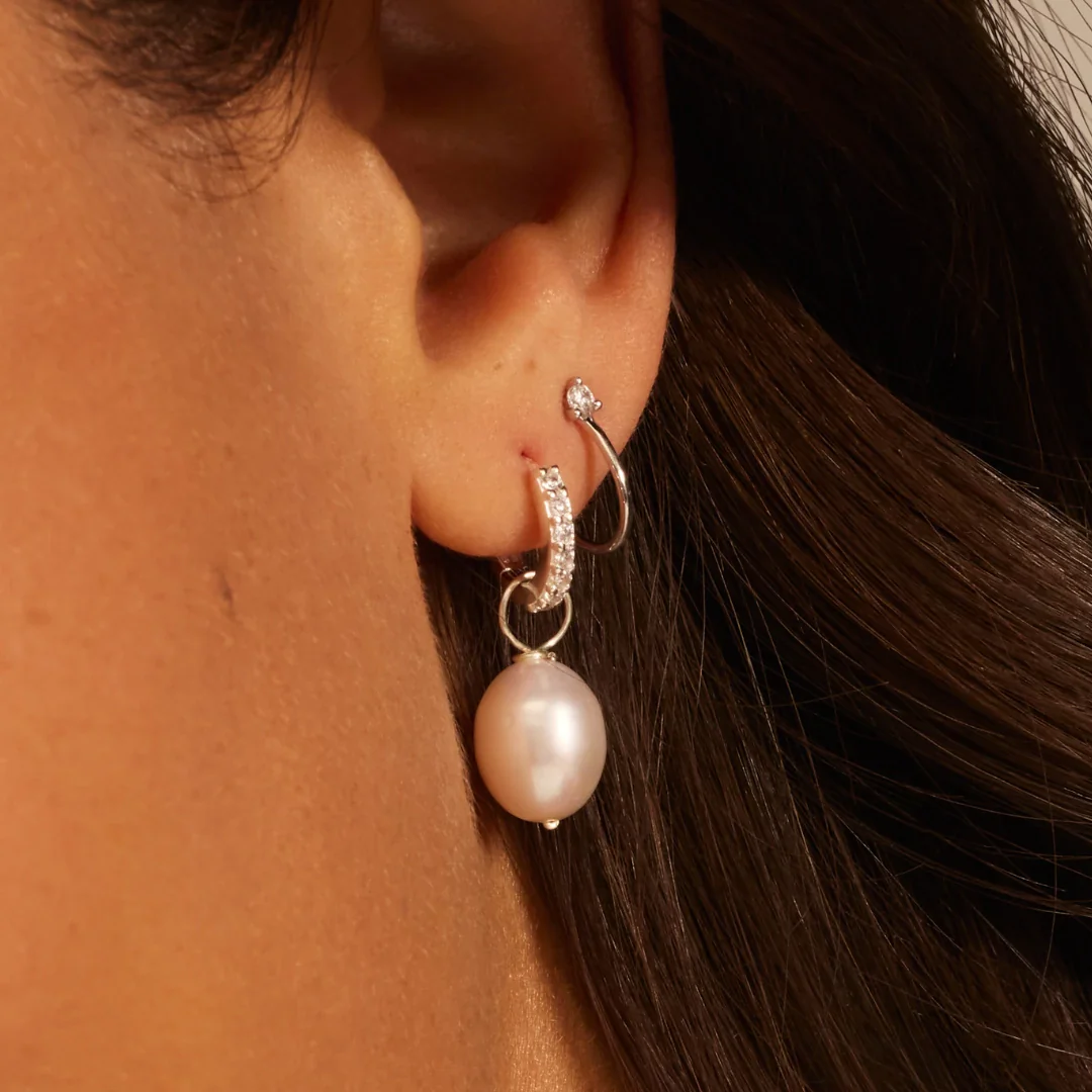 Silver Huggie Pearl Drop Earrings - Image 9