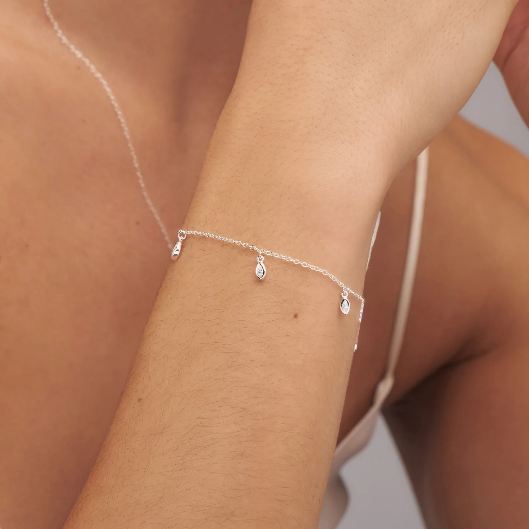 Silver Diamond Style Marquise Drop Bracelet - Image 2