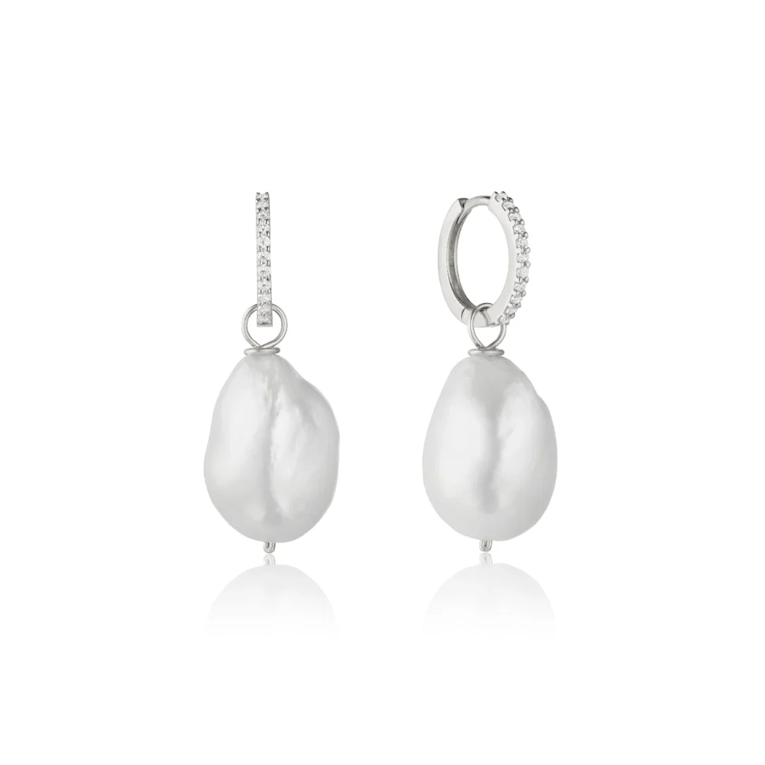 Silver Diamond Style Slim Baroque Pearl Drop Huggie Hoop Earrings