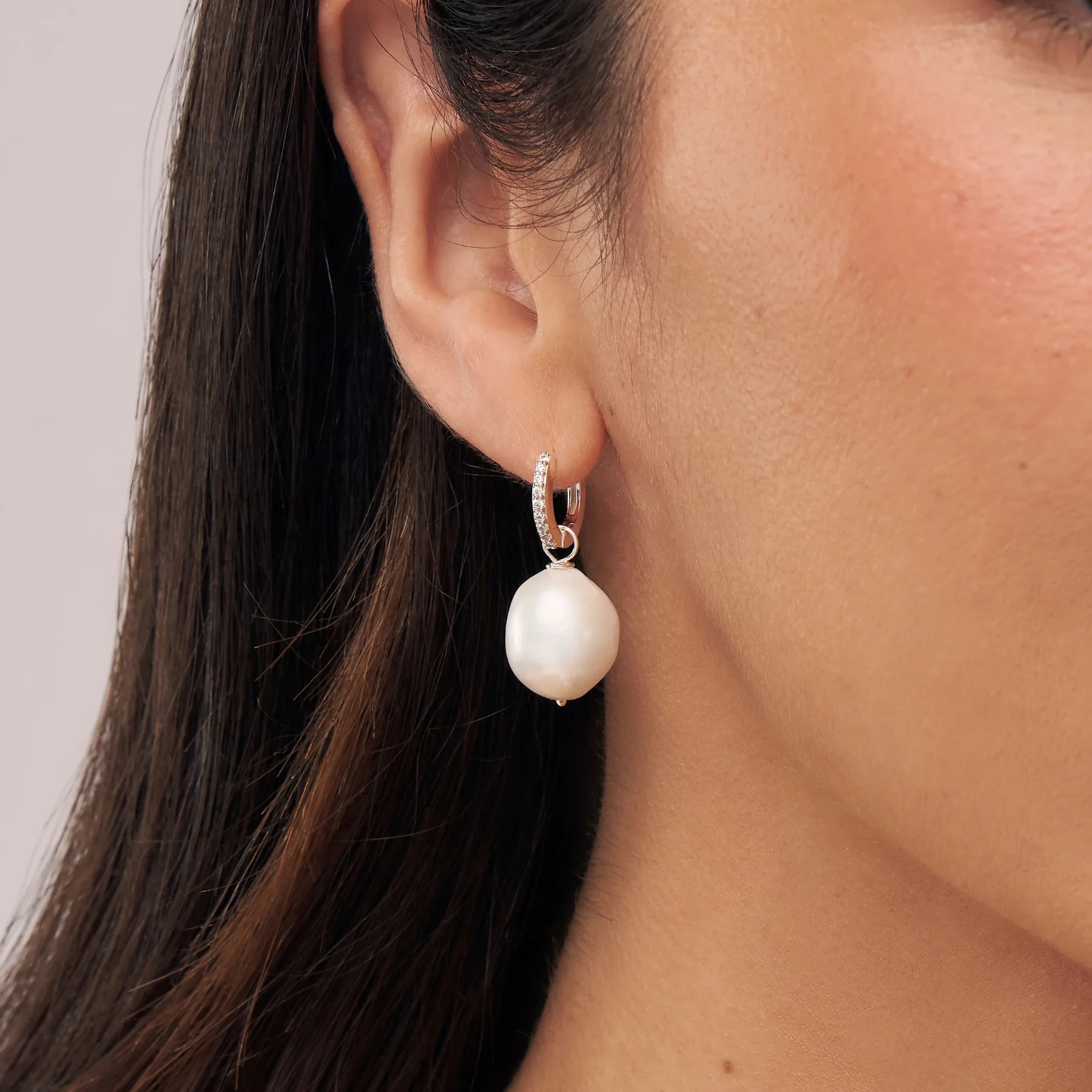 Silver Diamond Style Slim Baroque Pearl Drop Huggie Hoop Earrings - Image 2