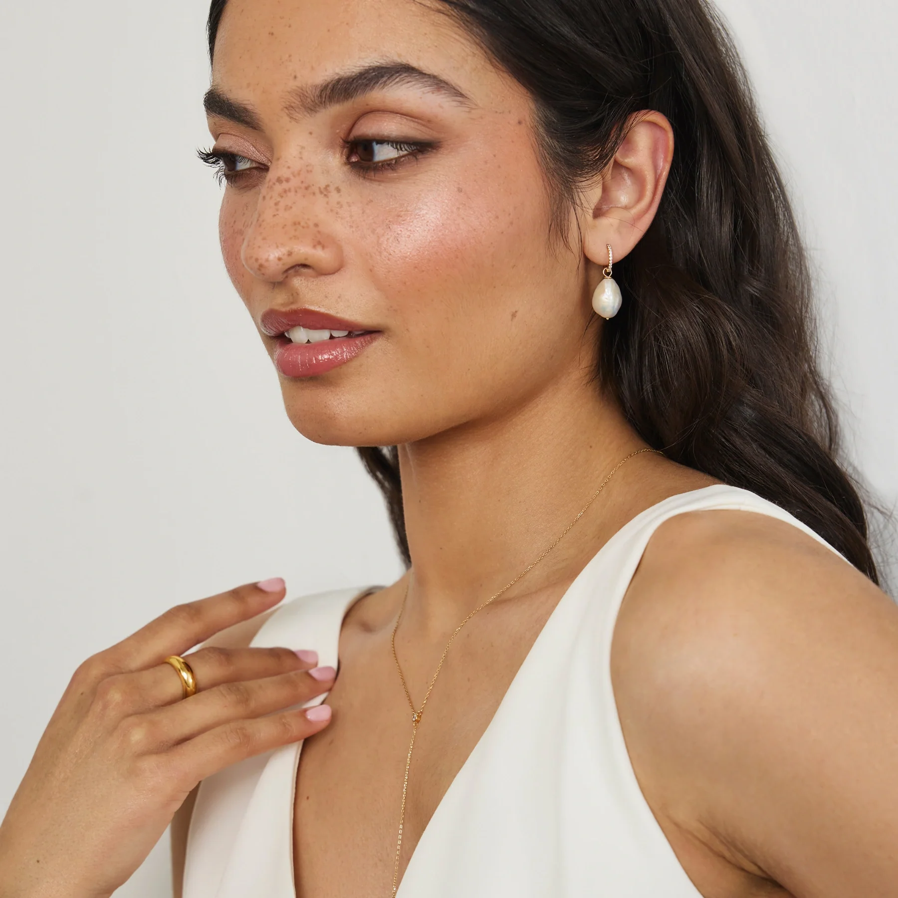 Gold Diamond Style Slim Baroque Pearl Drop Huggie Hoop Earrings - Image 5