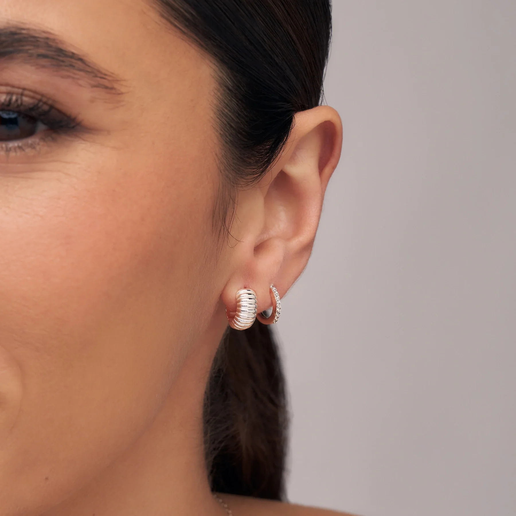 Silver Diamond Style Slim Huggie Hoop Earrings - Image 4