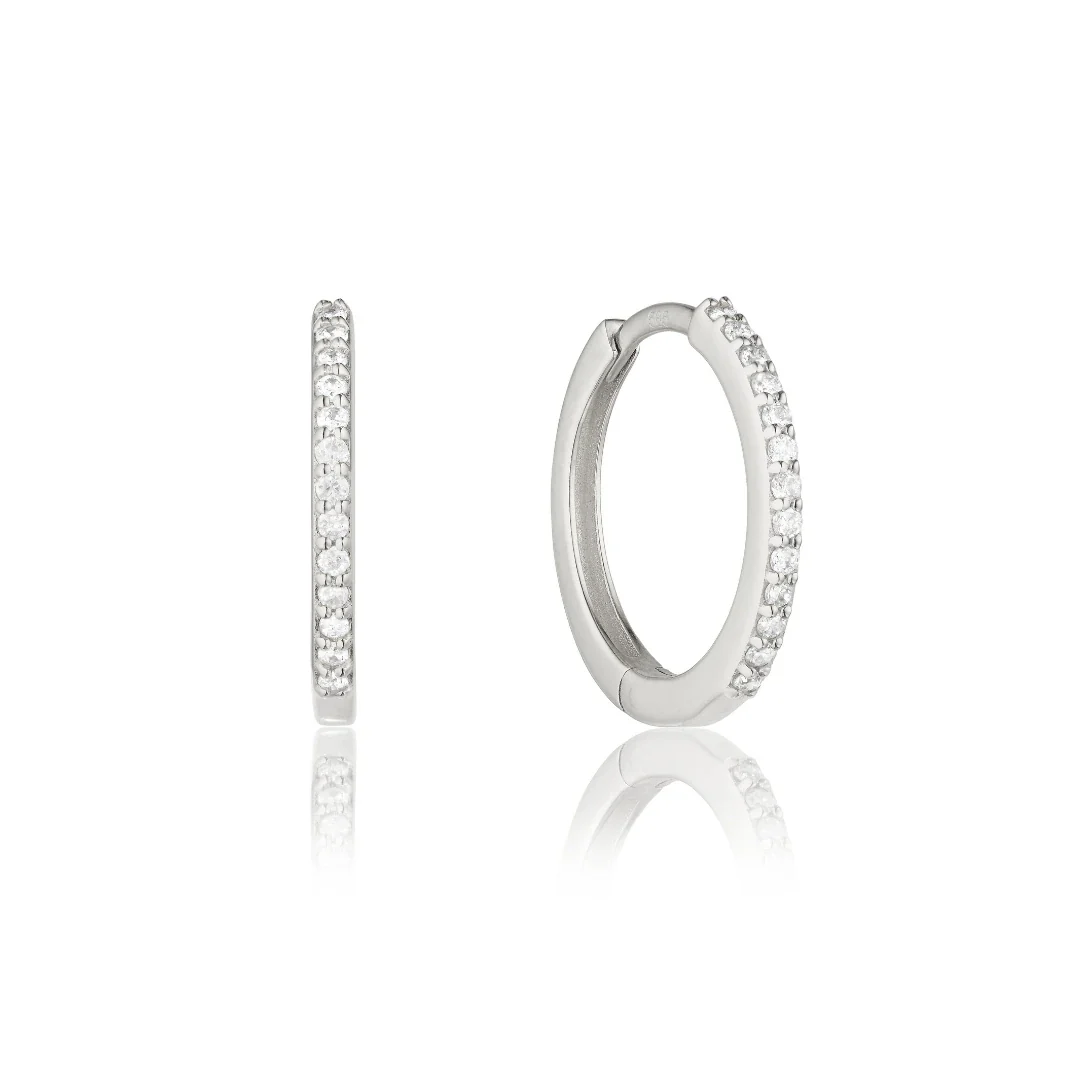 Silver Diamond Style Slim Medium Huggie Hoop Earrings