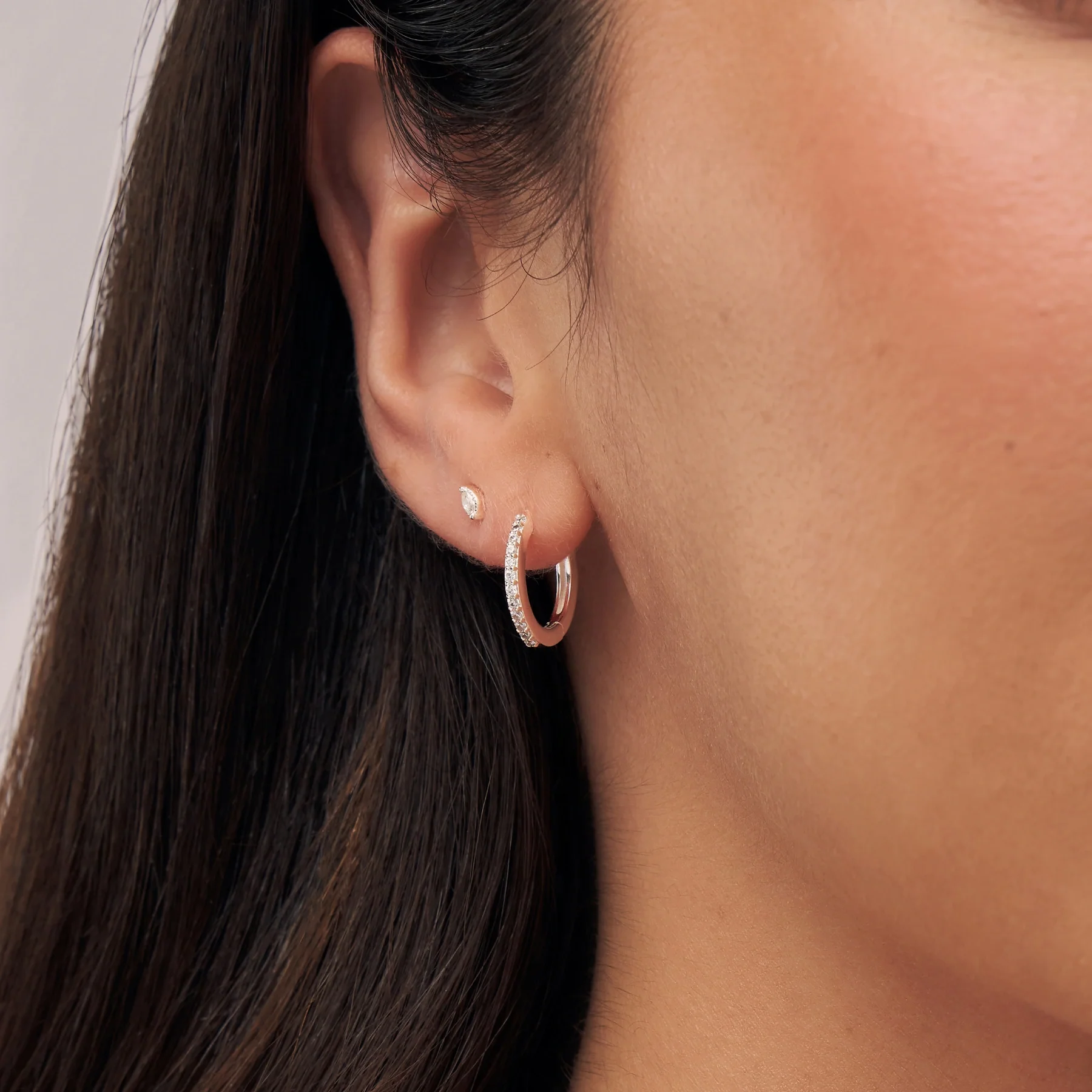 Silver Diamond Style Slim Medium Huggie Hoop Earrings - Image 2