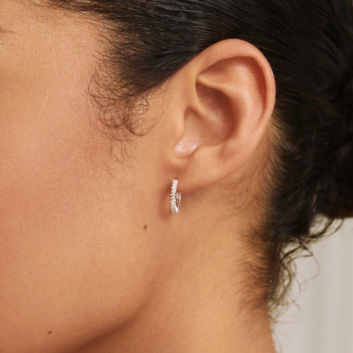 Silver Diamond Style Thin Huggie Hoop Earrings - Image 3