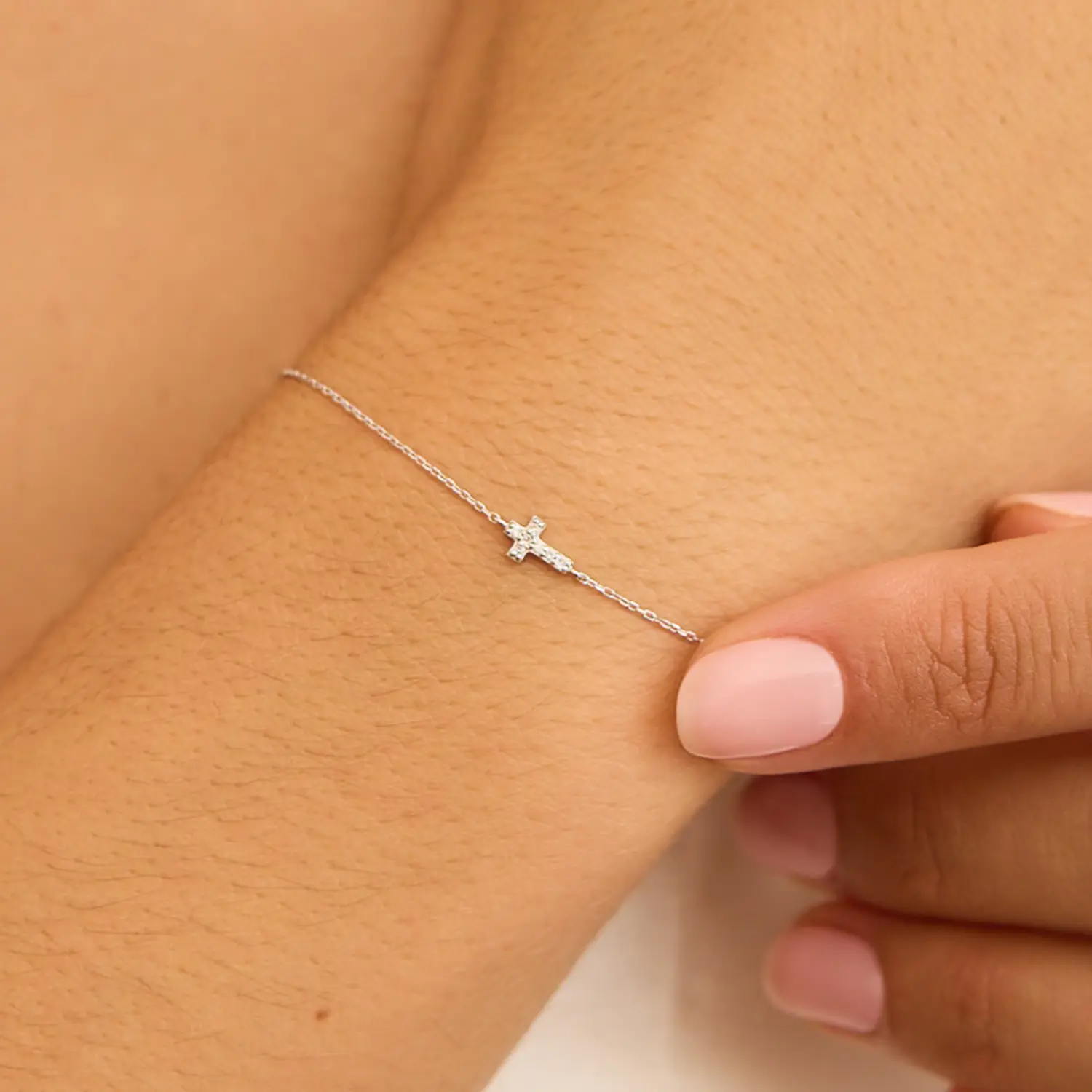 Silver Diamond Style Tiny Cross Bracelet - Image 2
