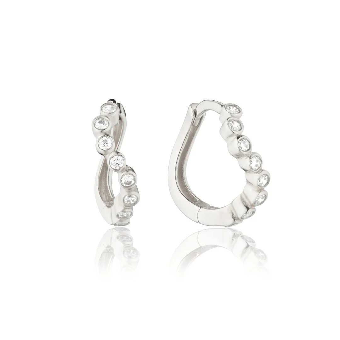 Silver Diamond Style Wave Huggie Hoop Earrings