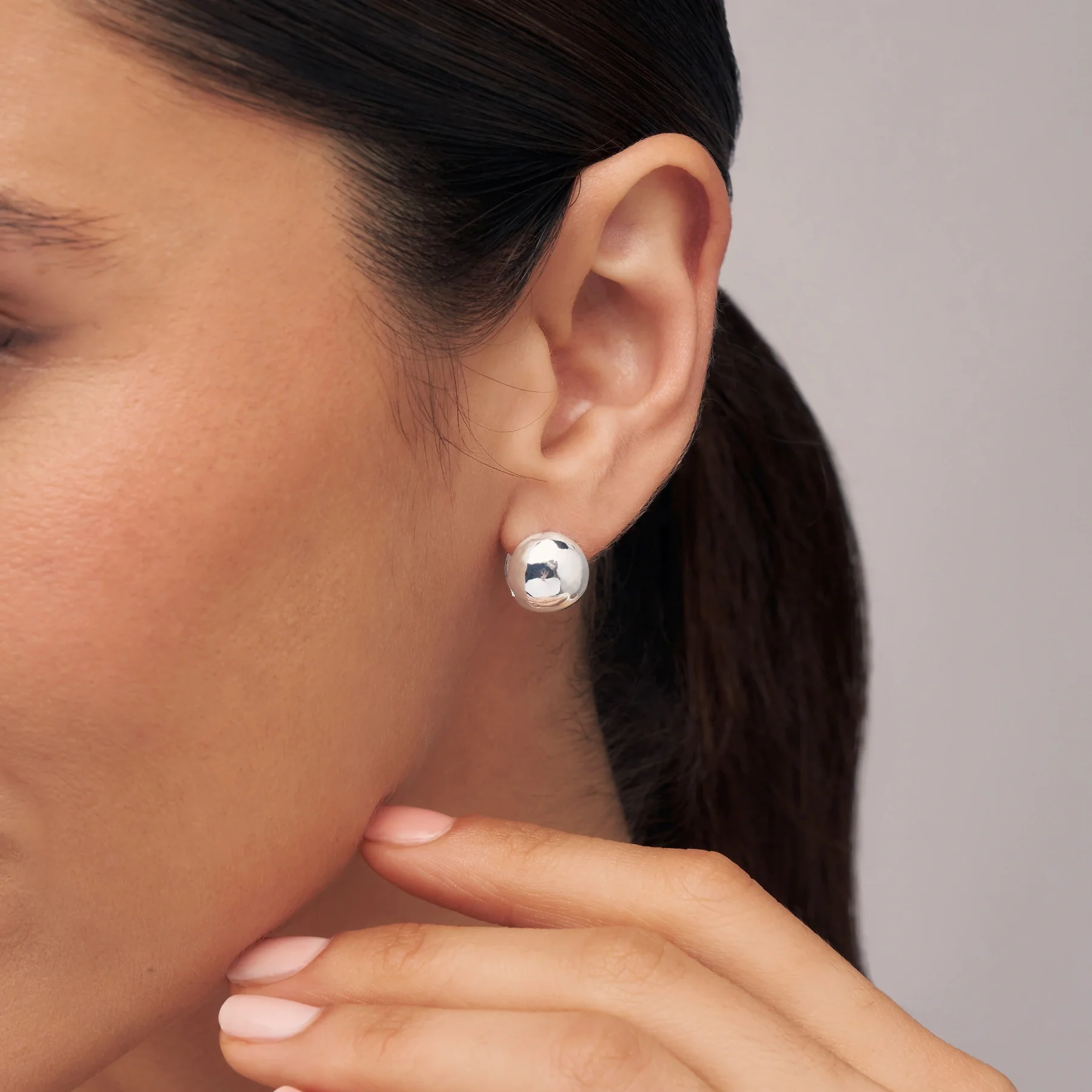Silver Dome Ball Huggie Hoop Earrings - Image 2