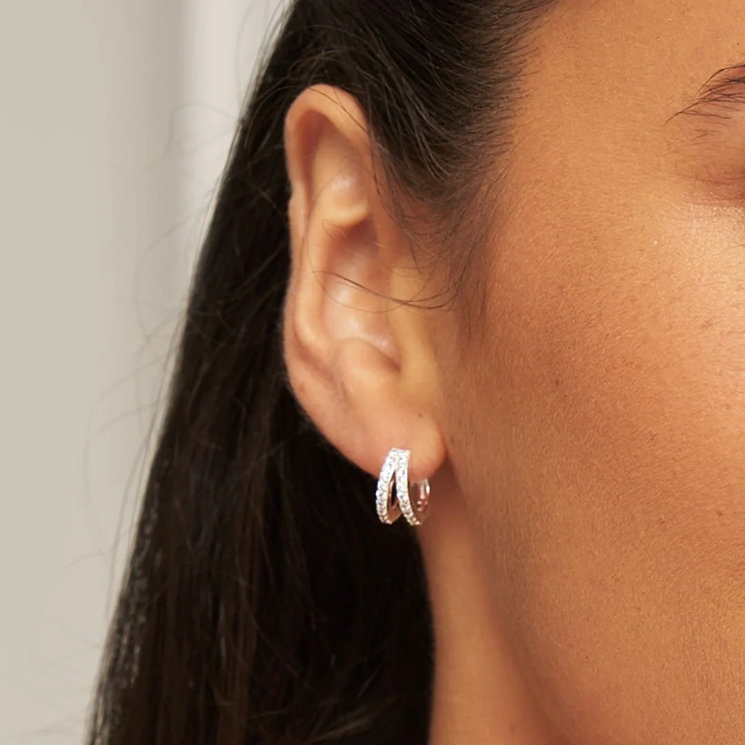 Silver Double Diamond Style Huggie Hoop Earrings - Image 2