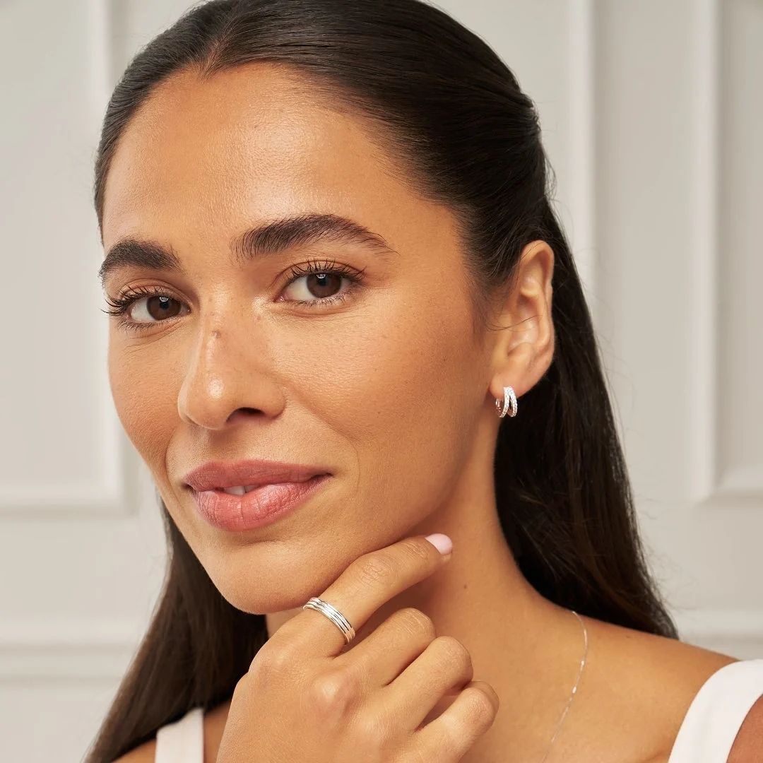 Silver Double Diamond Style Huggie Hoop Earrings - Image 3