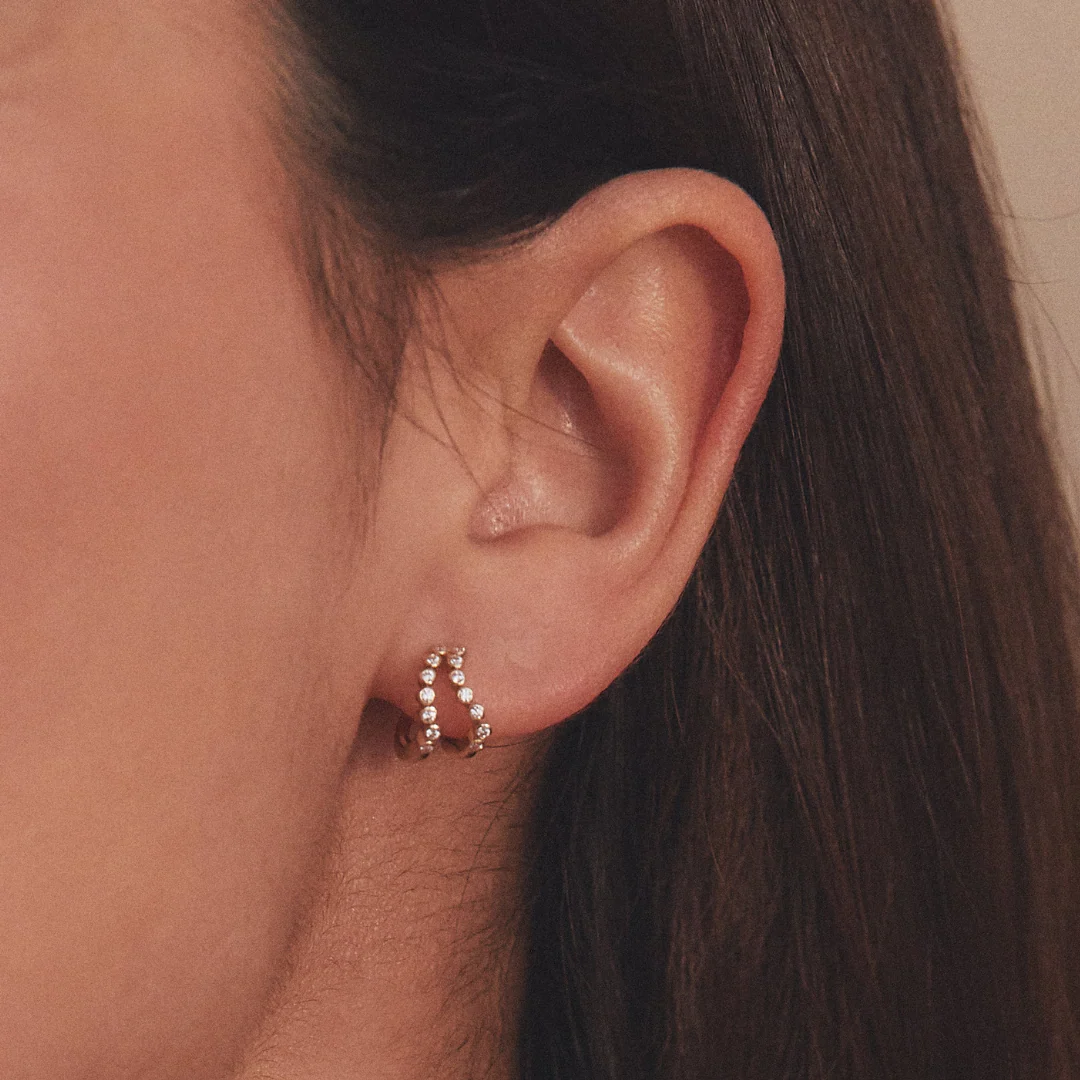 Silver Double Diamond Style Wave Huggie Hoops Earrings - Image 2