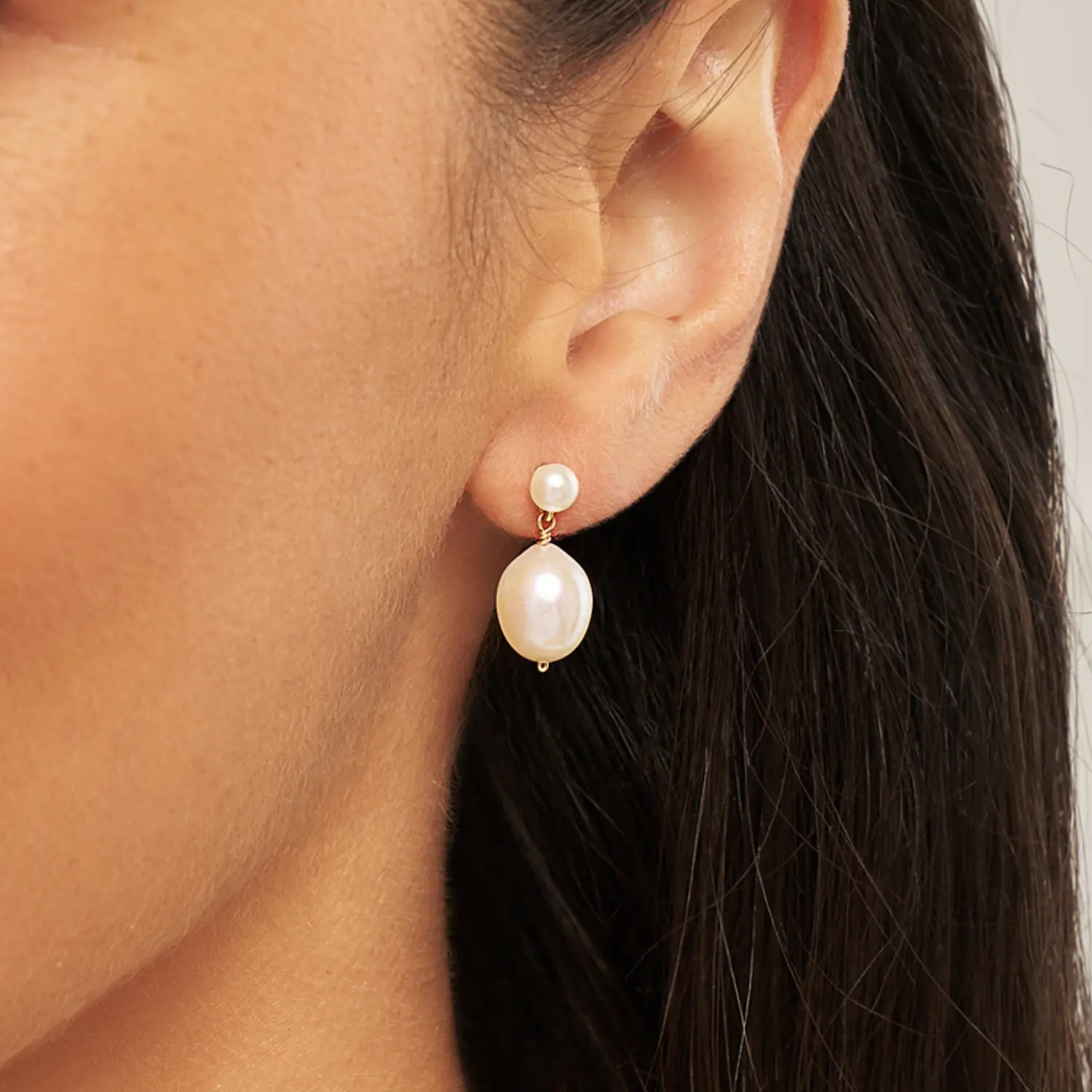 Silver Double Pearl Drop Stud Earrings - Image 2