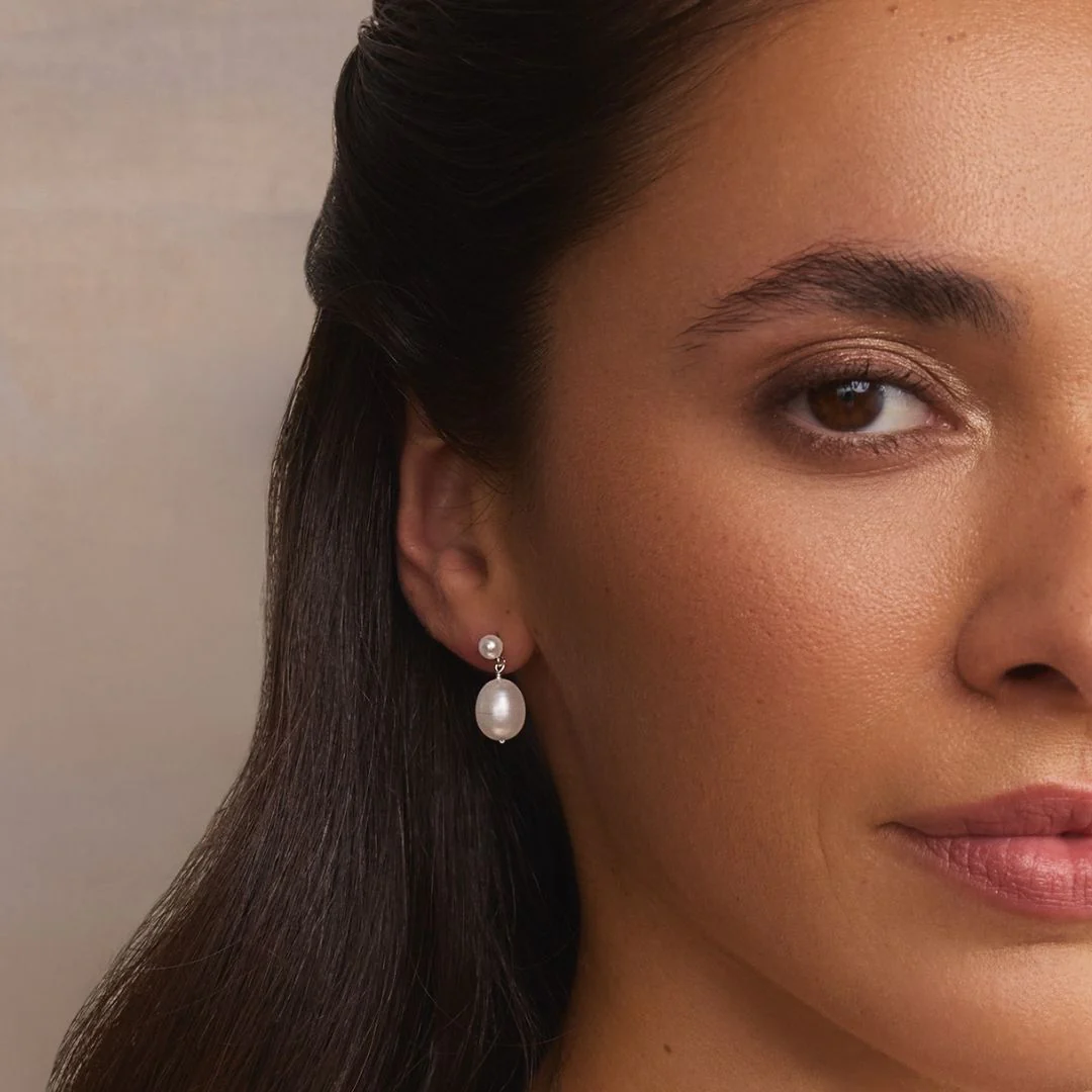 Silver Double Pearl Drop Stud Earrings - Image 4