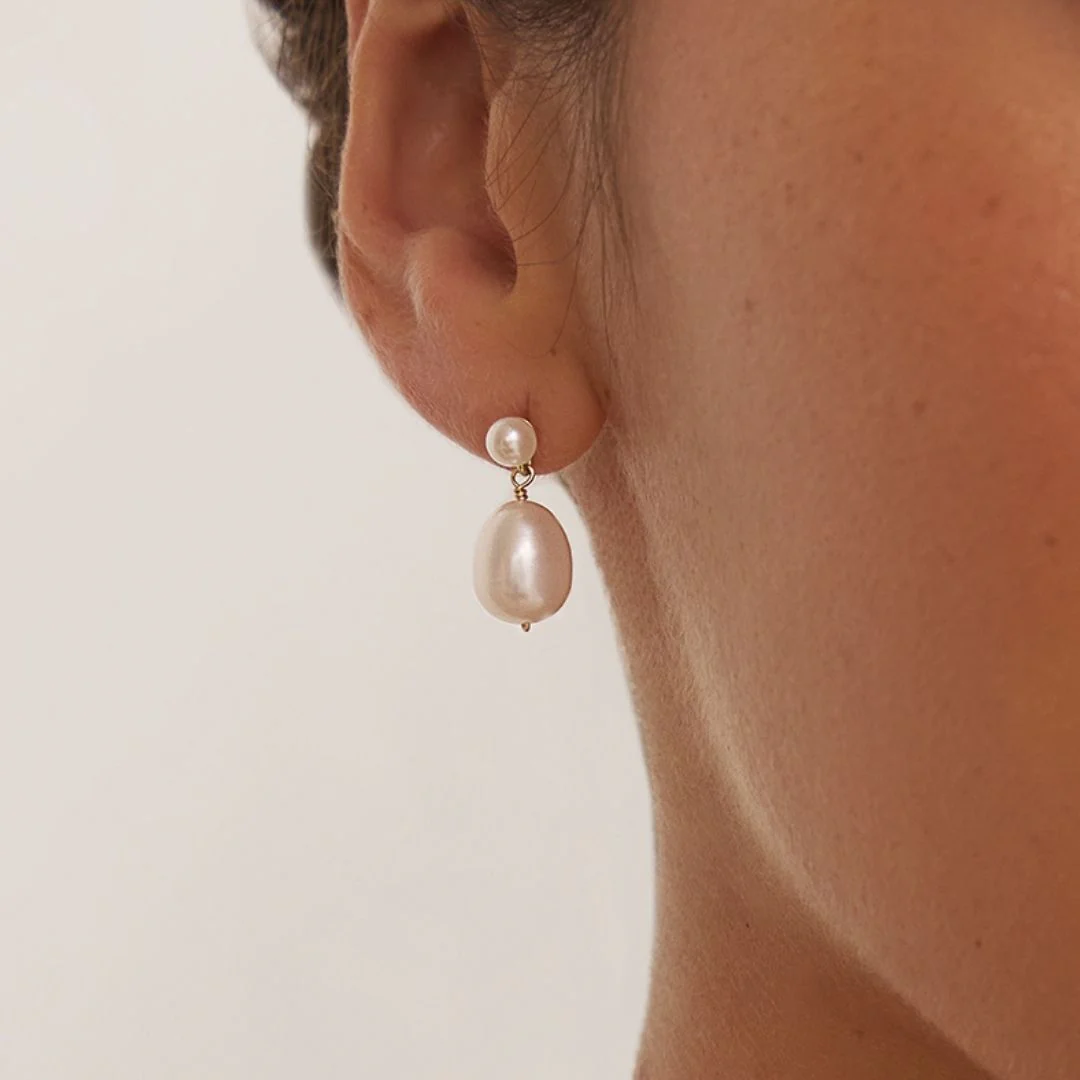 Silver Double Pearl Drop Stud Earrings - Image 7