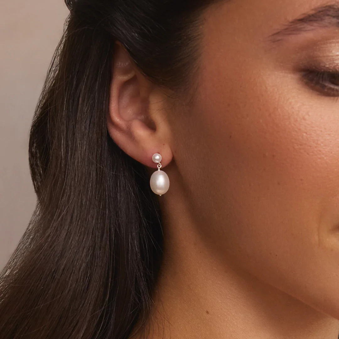 Silver Double Pearl Drop Stud Earrings - Image 9