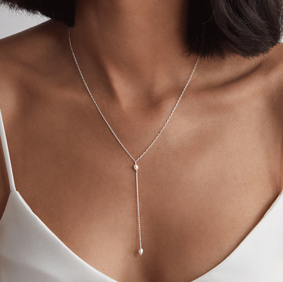 Silver Double Seed Pearl Lariat Necklace - Image 2